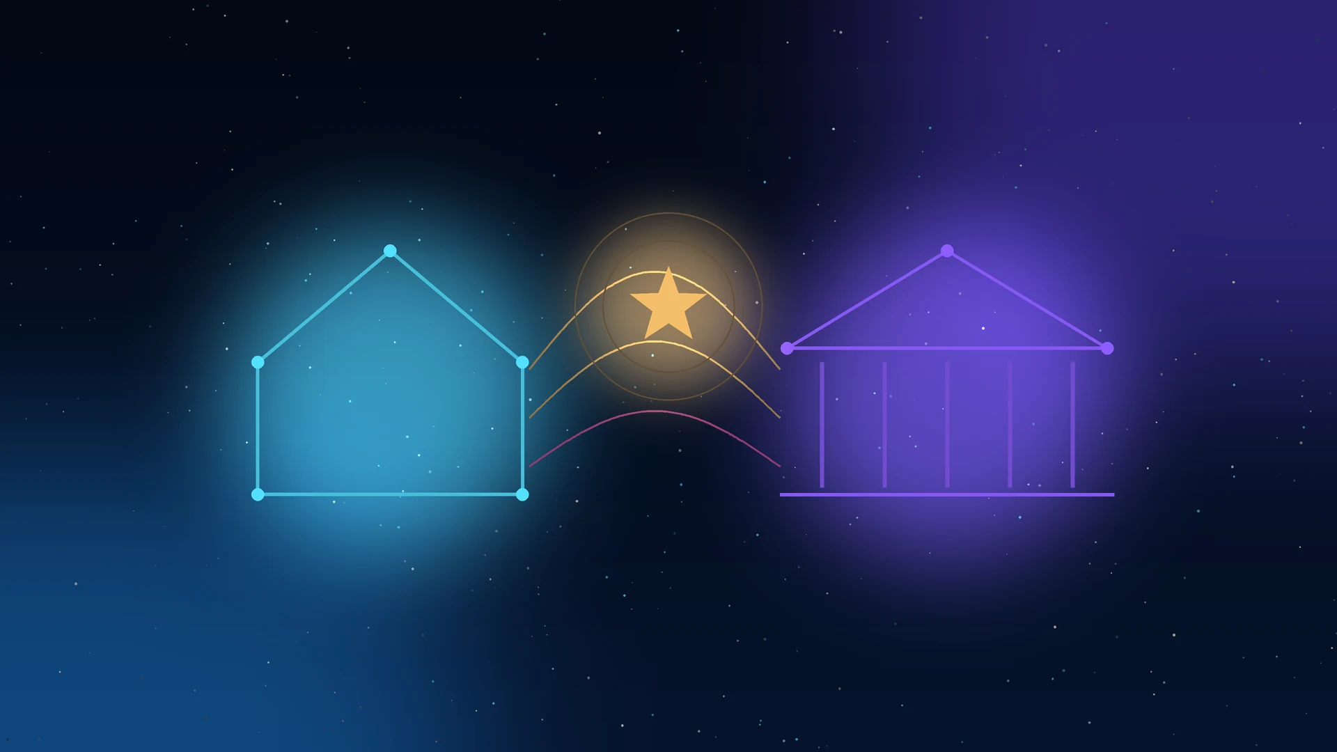 Illustration of a glowing house outline and a school building outline in a night sky, connected by arcs of golden light with a bright star representing the child in the middle, in British Talent Academy navy, cyan, violet and gold