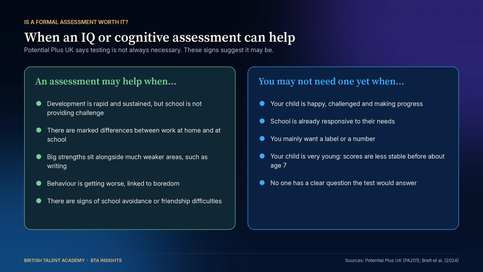 Two-column checklist titled when an IQ or cognitive assessment can help. The green column, an assessment may help when, lists: development is rapid and sustained but school is not providing challenge; there are marked differences between work at home and at school; big strengths sit alongside much w