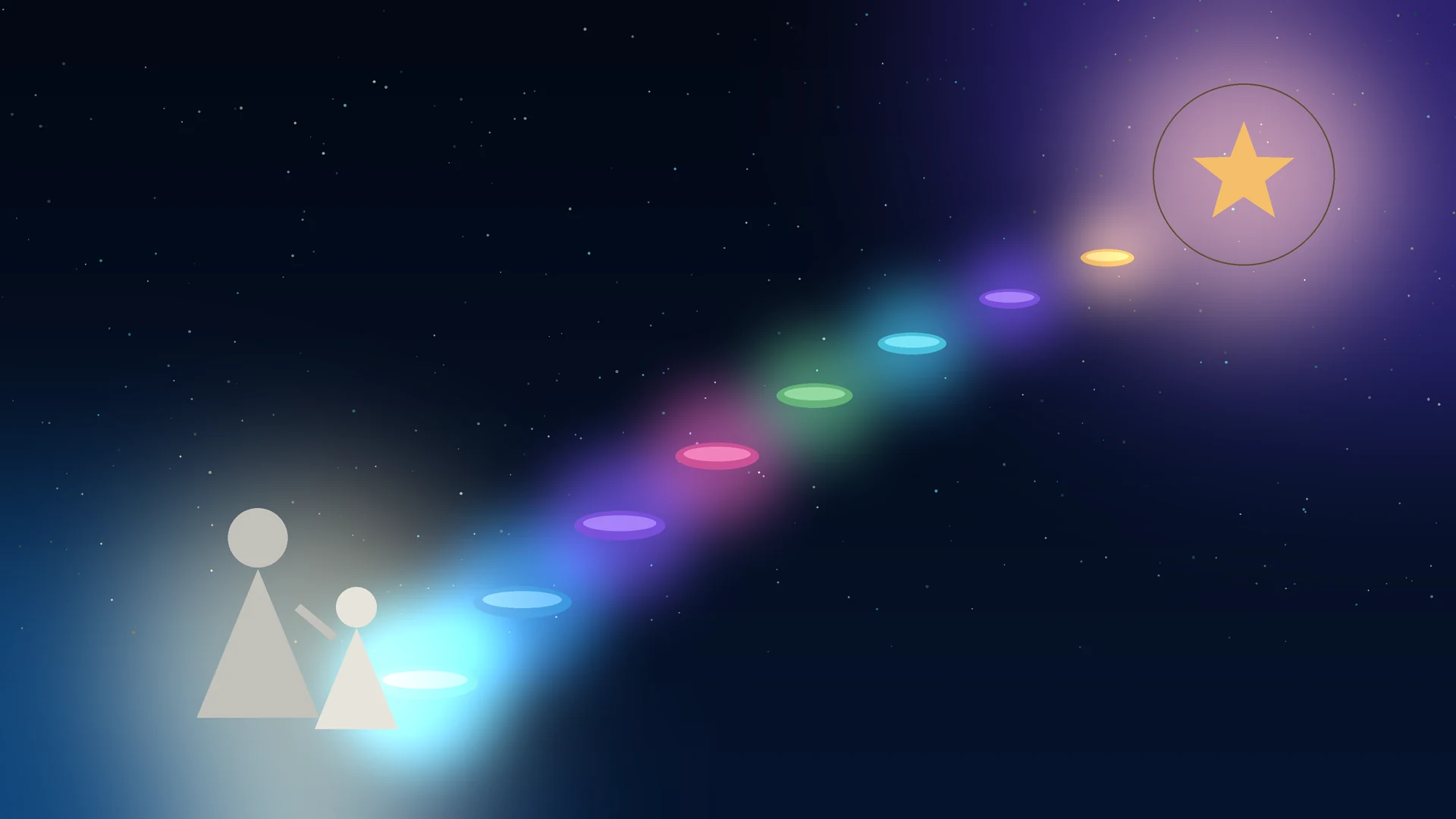 Illustration of a parent and child figure of light standing together at the foot of a rising path of glowing stepping stones that climb towards a bright golden star in a deep navy night sky, representing a parent supporting a gifted child step by step, in British Talent Academy navy and gold