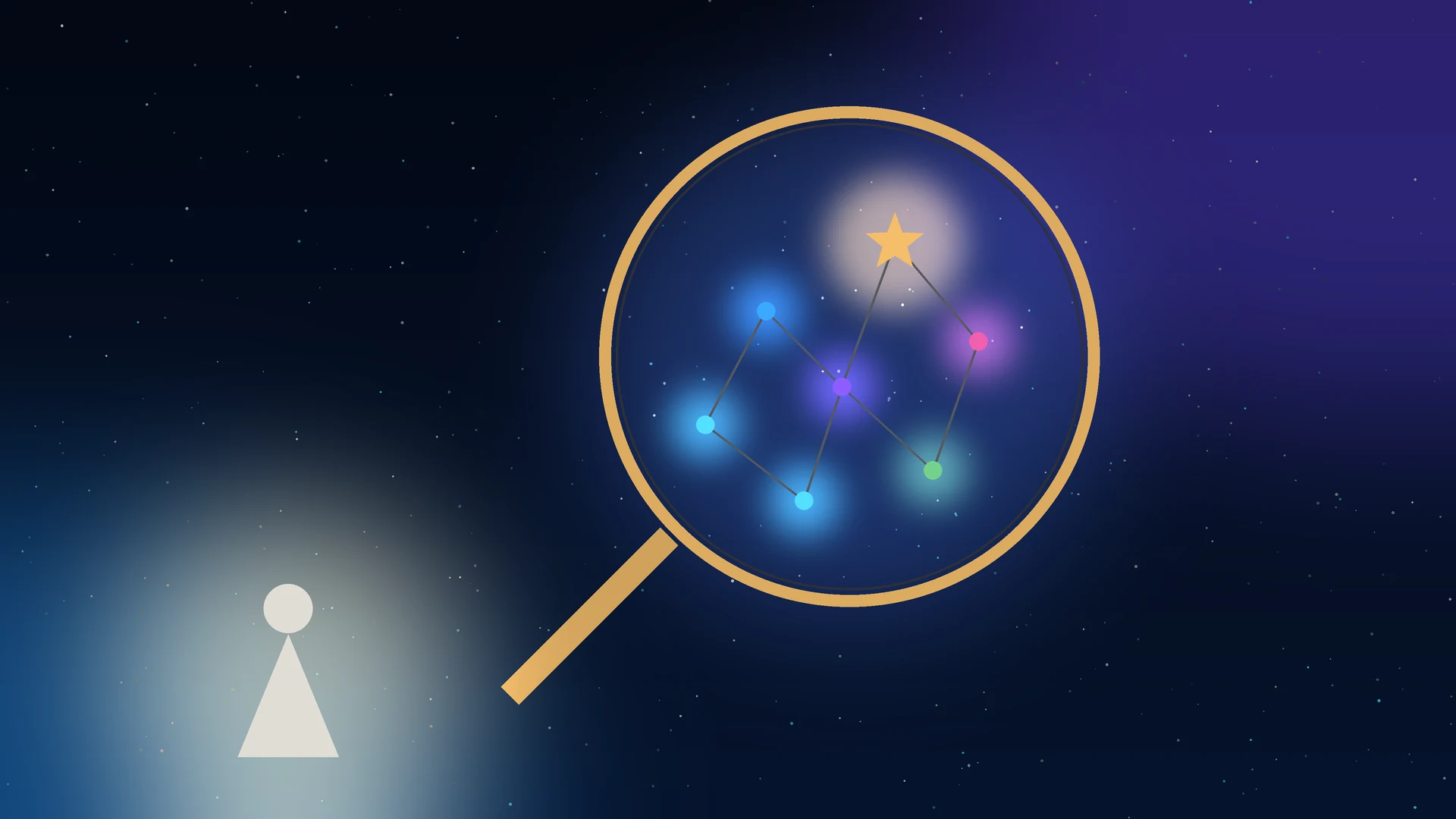 Illustration of a small child figure of light looking up at a large golden magnifying glass in a deep navy night sky; inside the lens a constellation of coloured stars joined by fine lines leads to a bright gold star, representing parents and professionals looking closely to identify a child's many