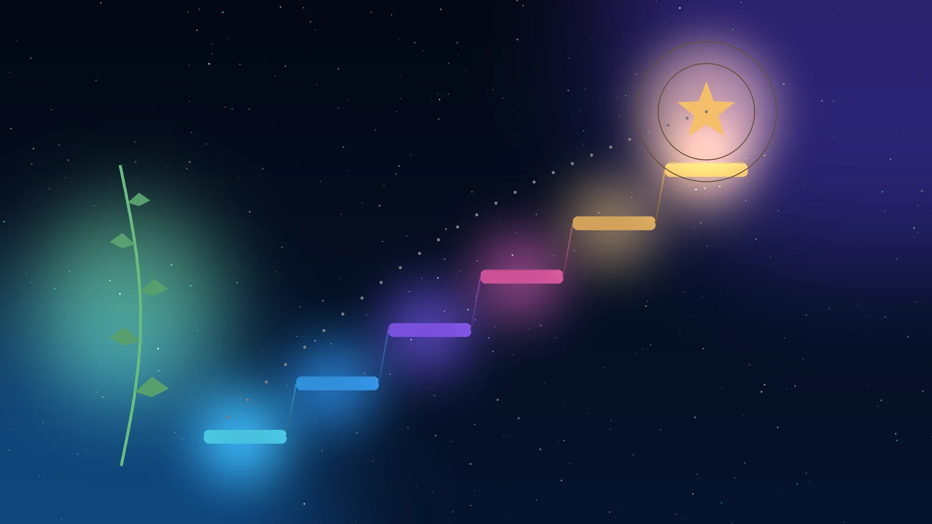 Illustration of a glowing staircase of coloured steps rising through a night sky towards a bright gold star, with a young sapling of light growing beside it, representing a child's abilities developing step by step, in British Talent Academy navy, cyan, violet and gold