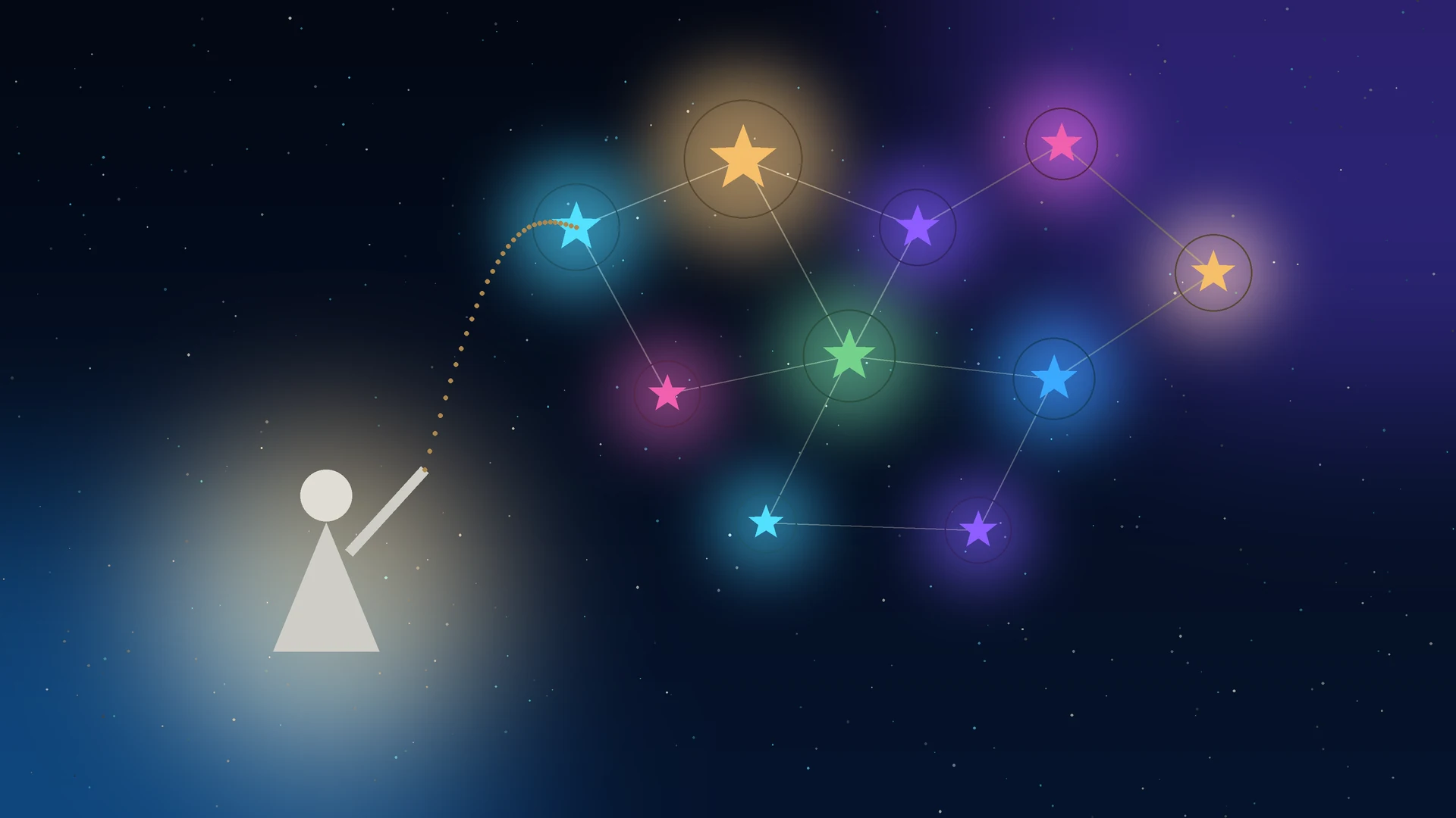 Illustration of a small figure of light pointing up at a night-sky constellation of glowing stars in cyan, gold, violet, pink, green and blue, linked by fine lines, representing a parent and child discovering a map of the child's many strengths, in British Talent Academy navy and gold